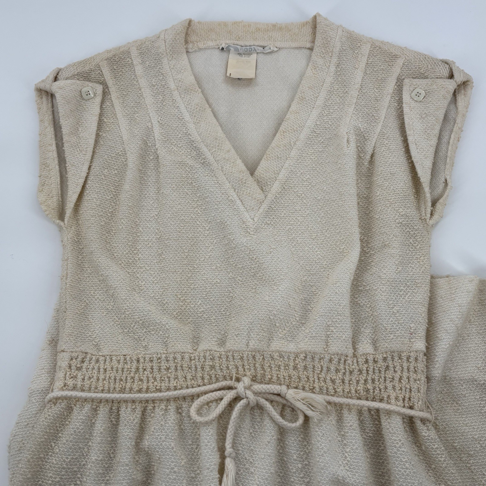 Vintage Jody T Of California Cream Midi Dress Textured Boucle Fabric V-Neck