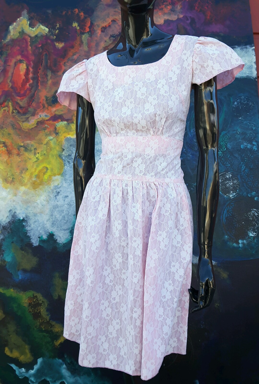 Vintage Pink Lace Dress White Pink COUNTRY BRIDESMAID Waist 26 Inch 32 Bust S