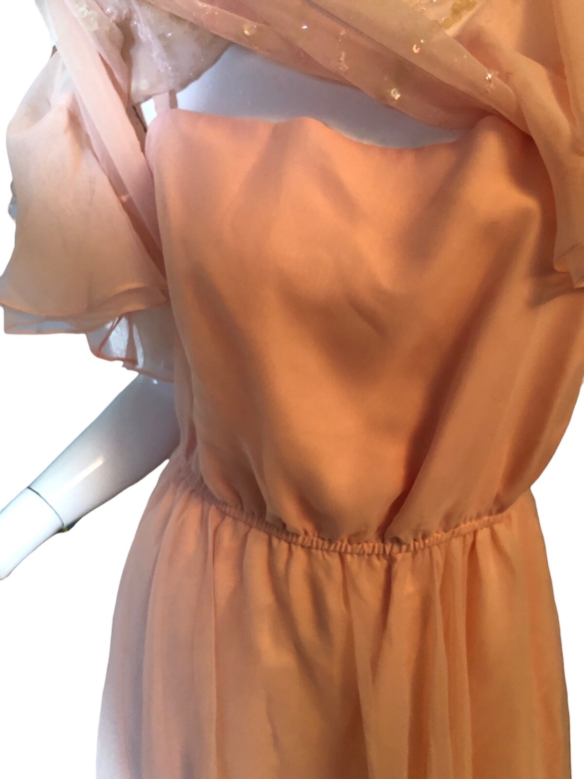 Vtg 70s 80s JACK BRYAN Dress Set 14 M Pink RUFFLE Beaded SEQUIN CHIFFON COQUETTE