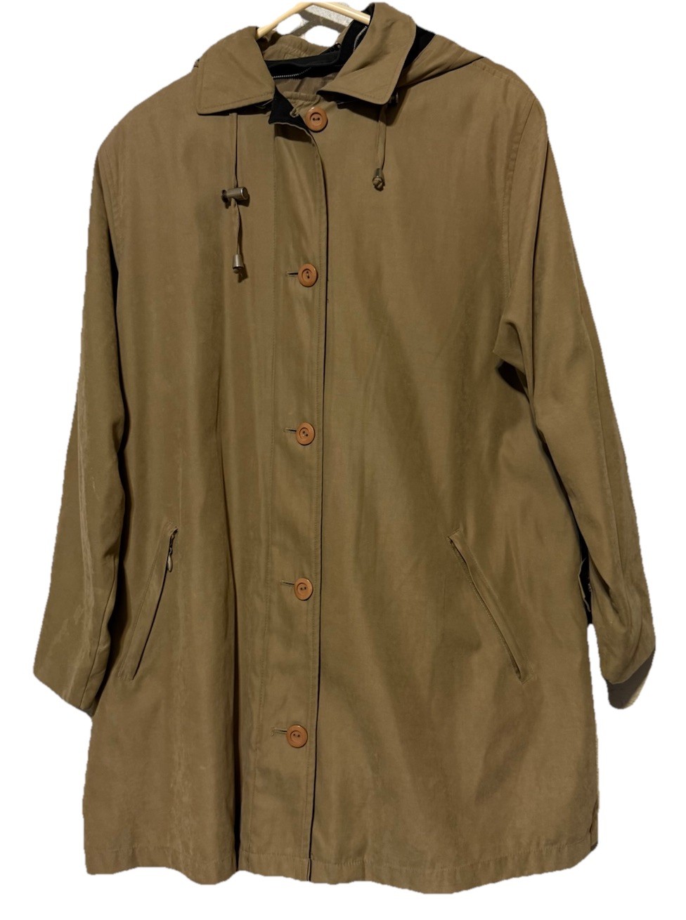Vintage Women’s Khaki Trench Coat Button Up Vented Zip Pockets Hooded NO Liner