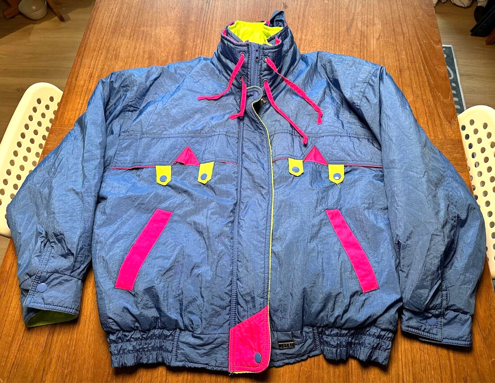 APRES SPORT Vintage 80s 90s Women’s L Blue Pink Green Ski Jacket Neon Snow Coat