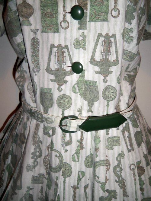 Vtg 50s VIRGINIA HART Cotton Fabric KITCHEN THEME Belt Dress DEADSTOCK M L NOS