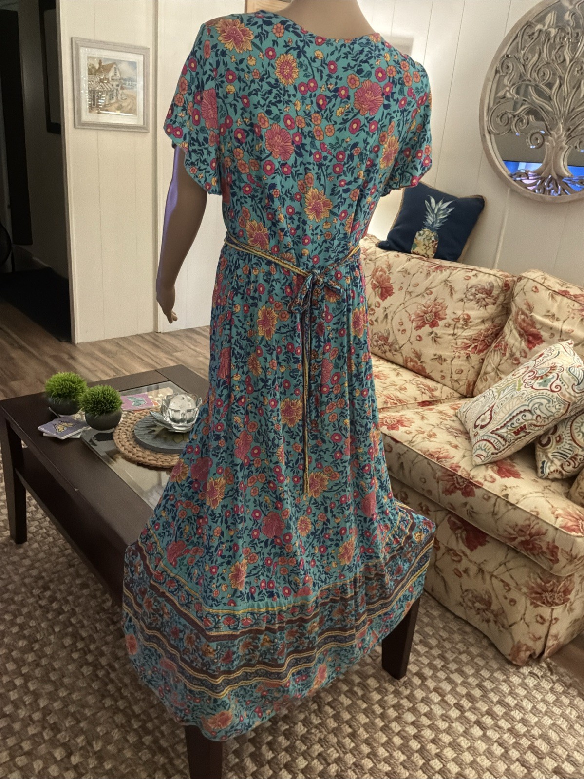 VINTAGE Hippie Women’s Wrap Dress Floral V-Neck Tiered Hemline Boho Size XXL