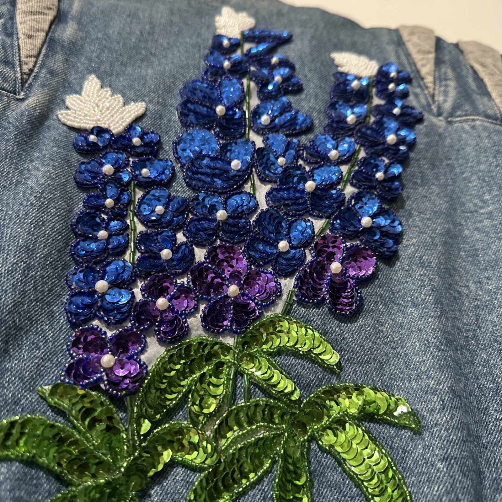 Vtg Mod Maid Denim Jacket Texas Bluebonnet Beaded Gold Fringe Western Cowgirl L