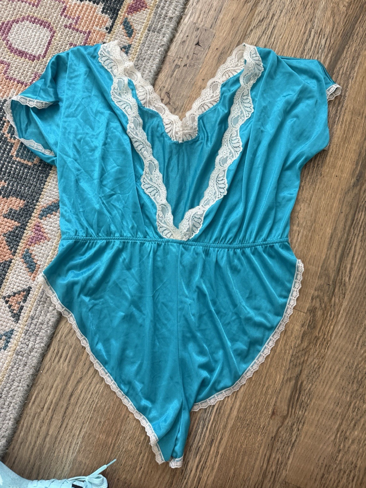 Vintage Teal Nylon Playsuit Teddy Romper Size Medium Large Nightie Lingerie