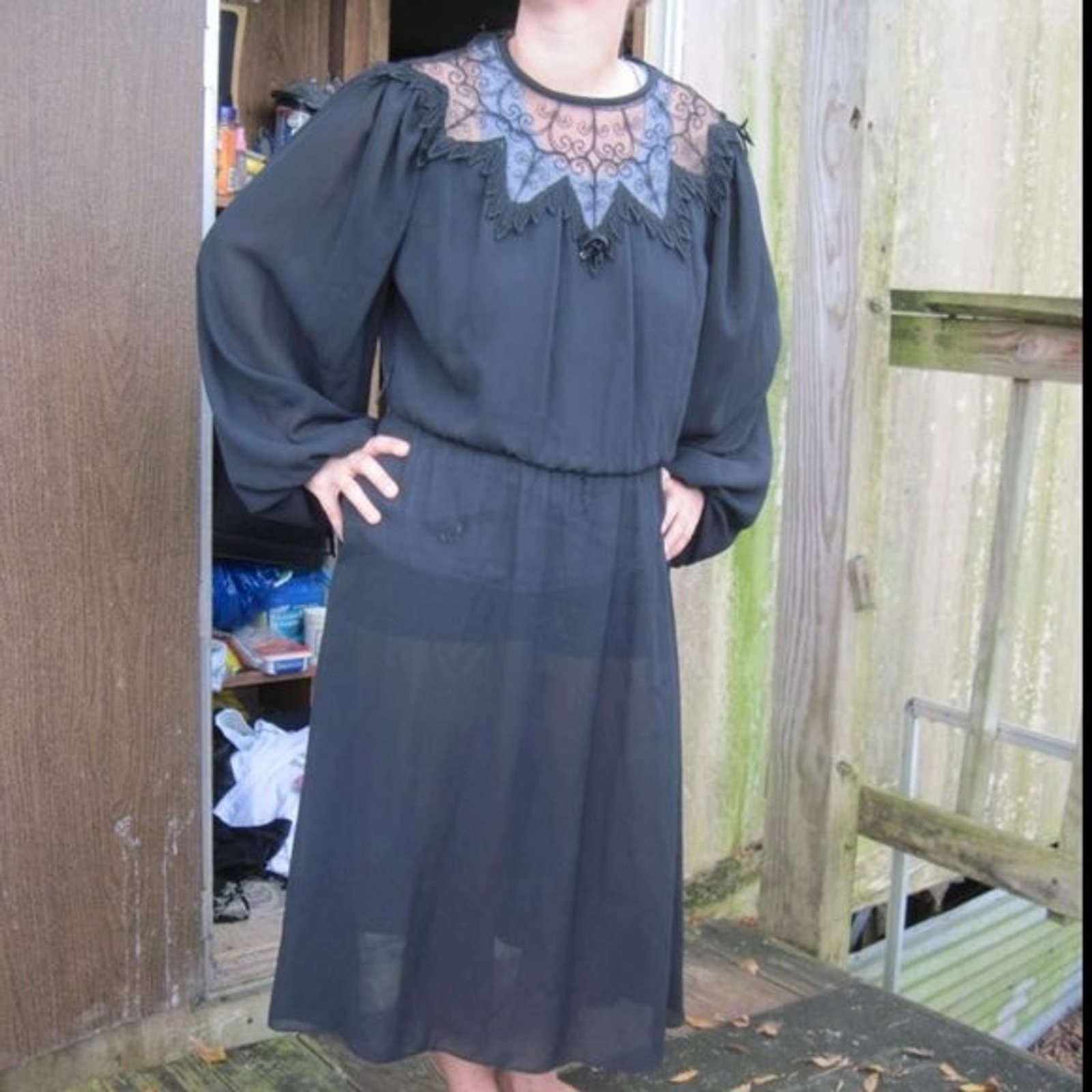 Argent Fille Ltd. Black 7 / 8 Dress Mesh Floral Neck Accent Translucent U.S.A.