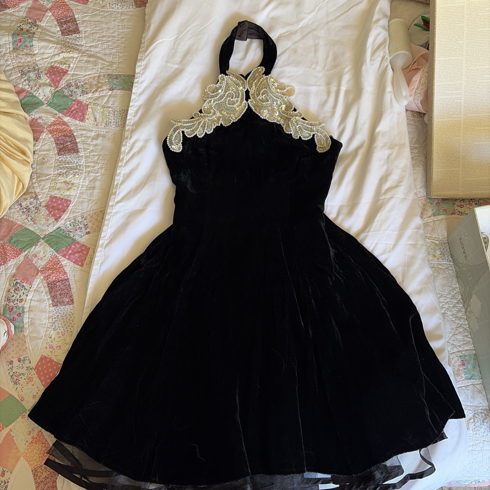 Vintage Black Velvet Sequin Crinoline 80s Backless Prom Cocktail Dress