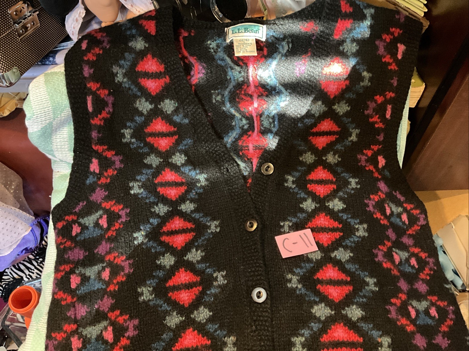 VTG 90s LL Bean 100% Wool Geometric Multicolor Cardigan Sweater Vest Lg. See Pic
