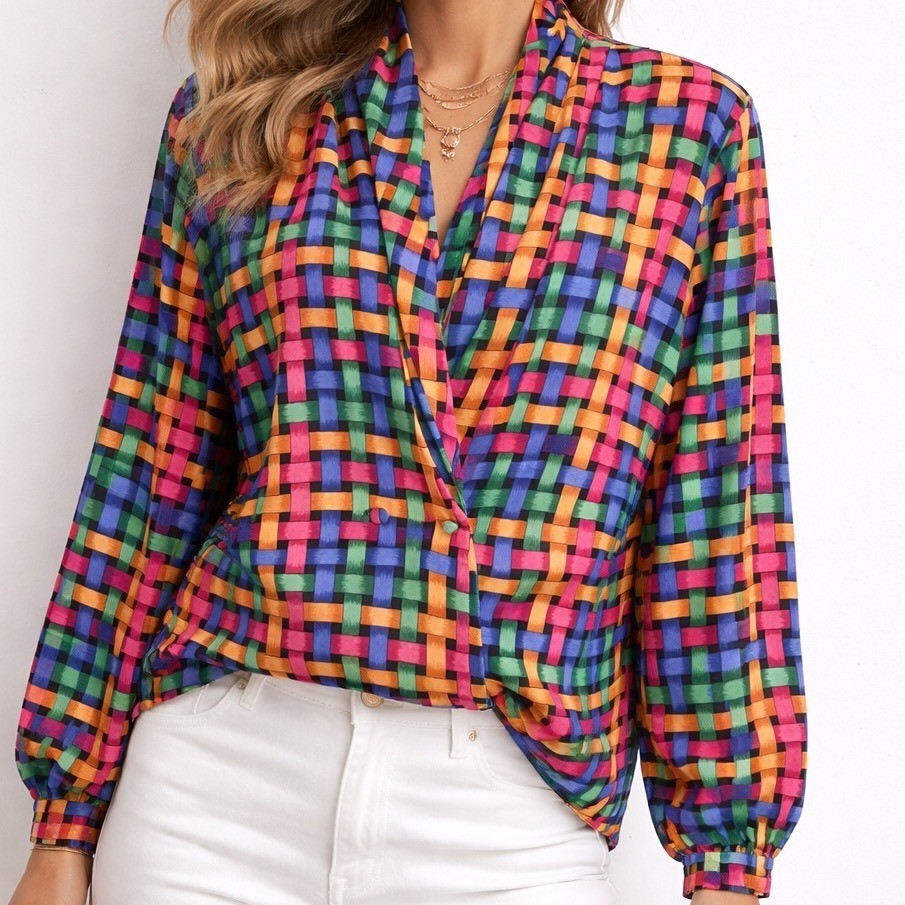 Lady Eva Laurel Blouse Womens 18W Multicolor Vintage 80s Basket Weave Wrap Top