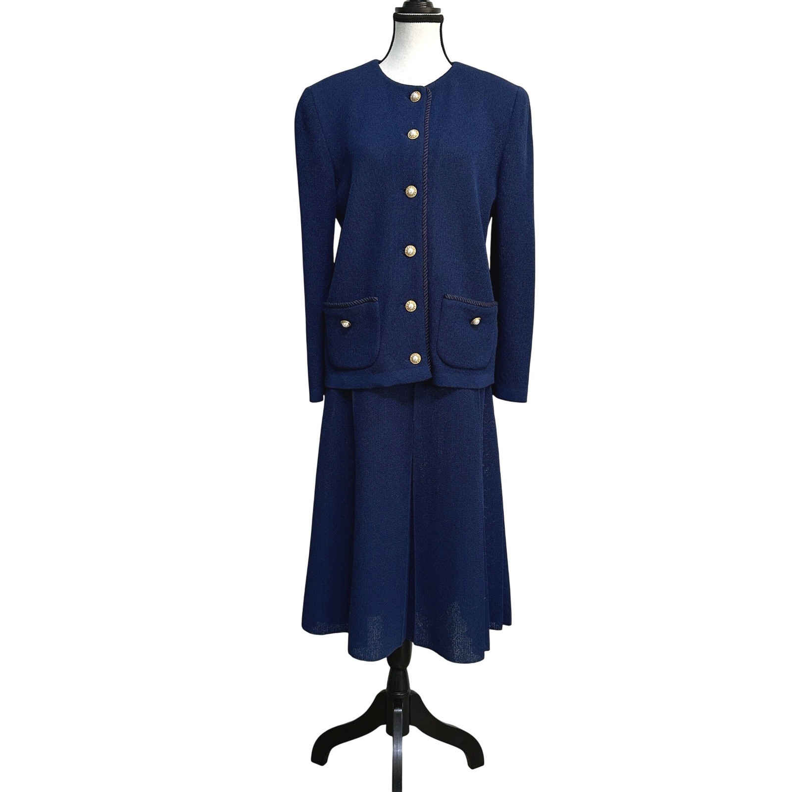 VTG Castleberry Knit Skirt Suit Womens 12 Navy Blue Old Money Luxury ILGWU USA