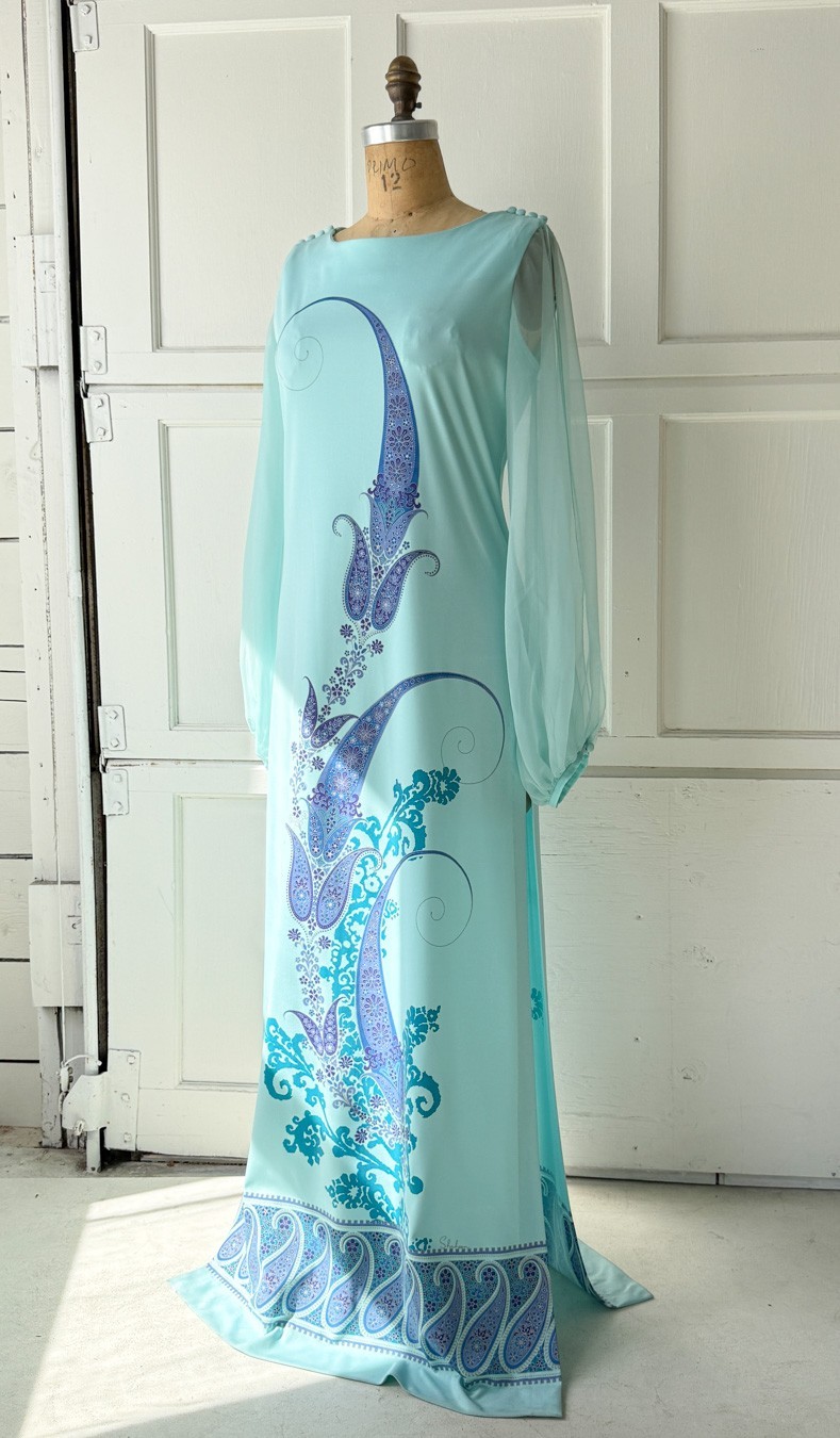 VTG 60s 70s Alfred Shaheen Aqua Blue Maxi Dress Sheer Balloon Sleeves L Hawaiian