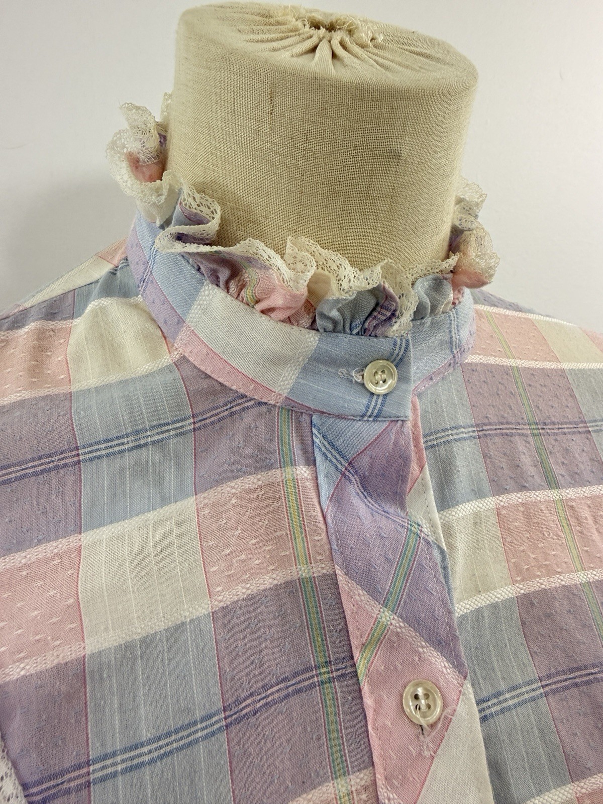 VTG Karman Womens Ruffle Front Plaid Pink Western Prairie Button Up Shirt USA