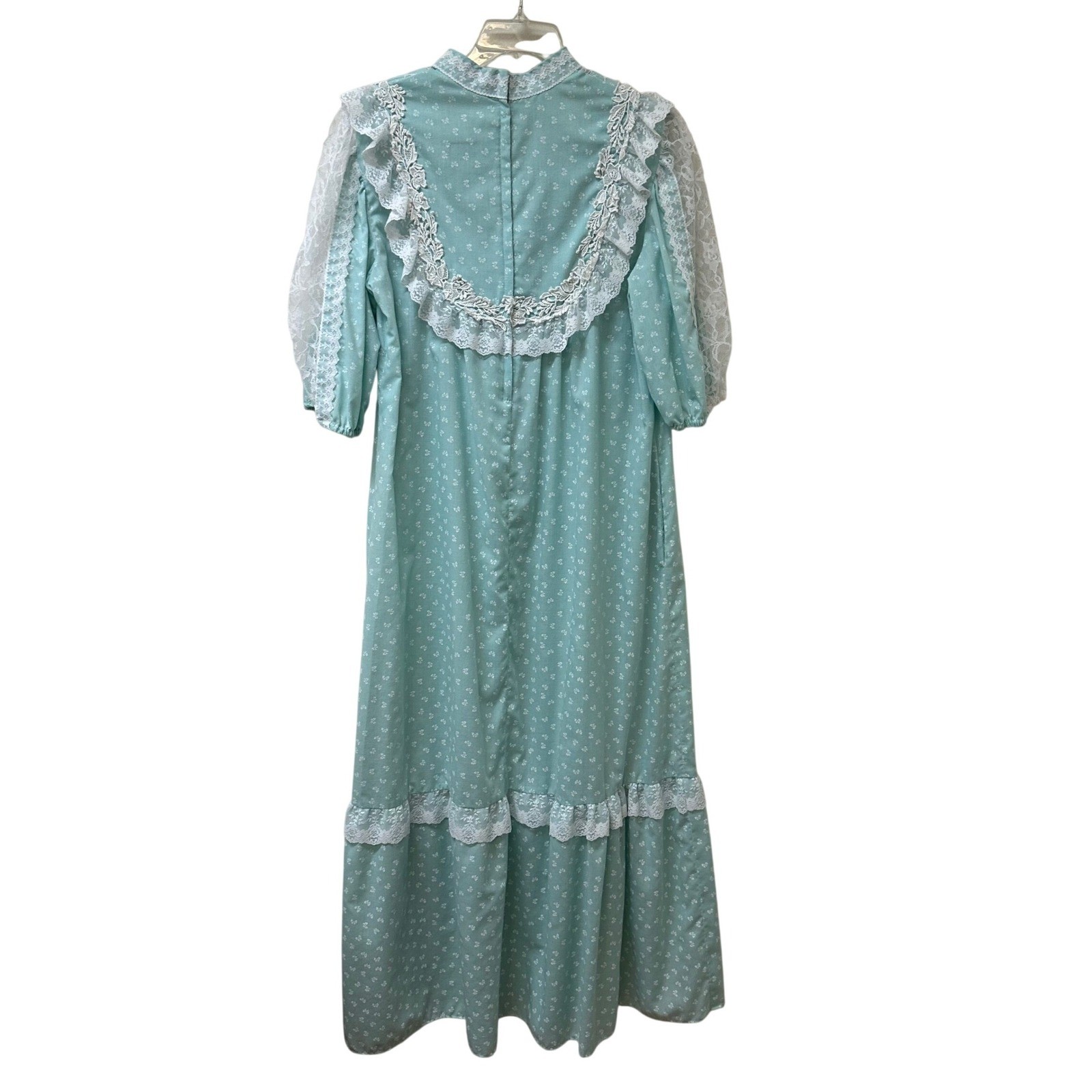 Carol Bennett Hawaii Vintage Blue Bow Print Lace Ruffle Maxi Dress 70s Prairie