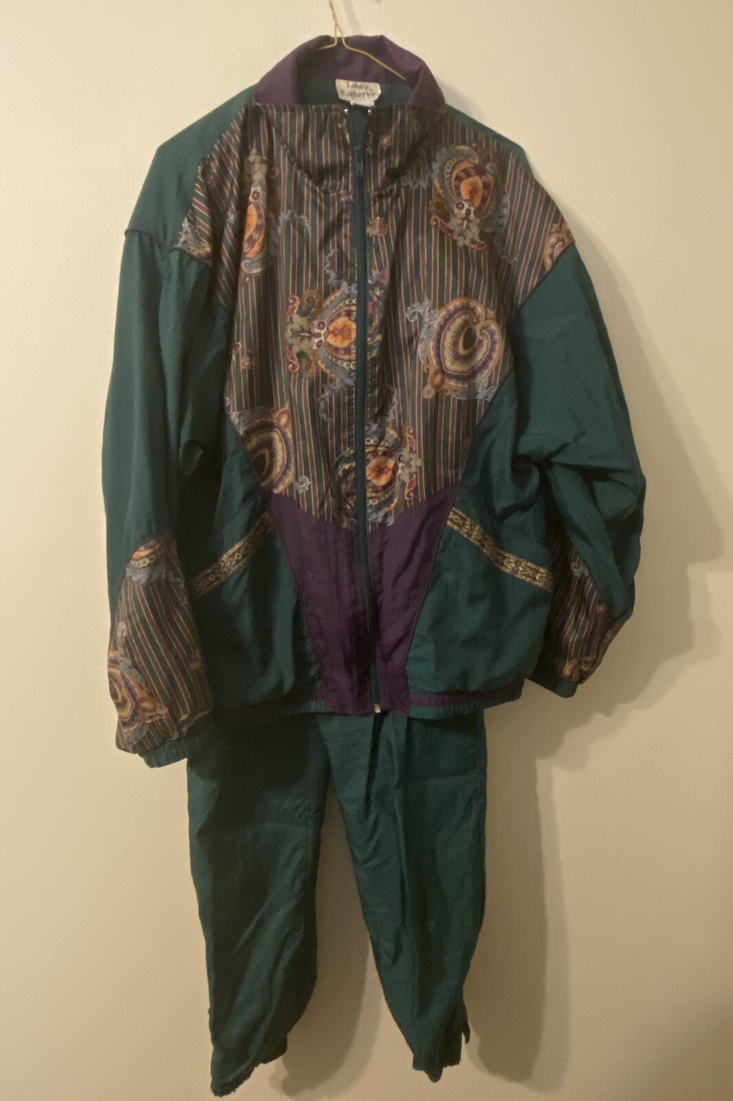 Vintage 1980s Laura Katherine Green Paisley 2-Piece Jogging Suit Size Small