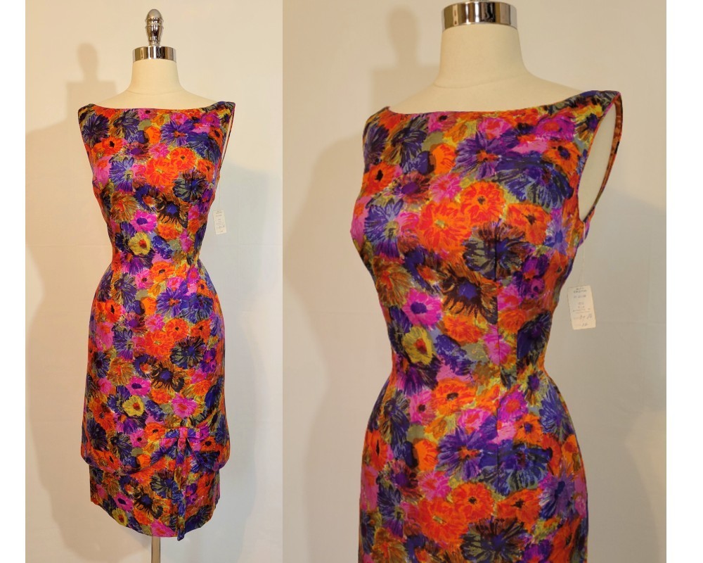 Deadstock NOS 1960s MR. BLACKWELL Design Silk Floral Wiggle Dress S Small