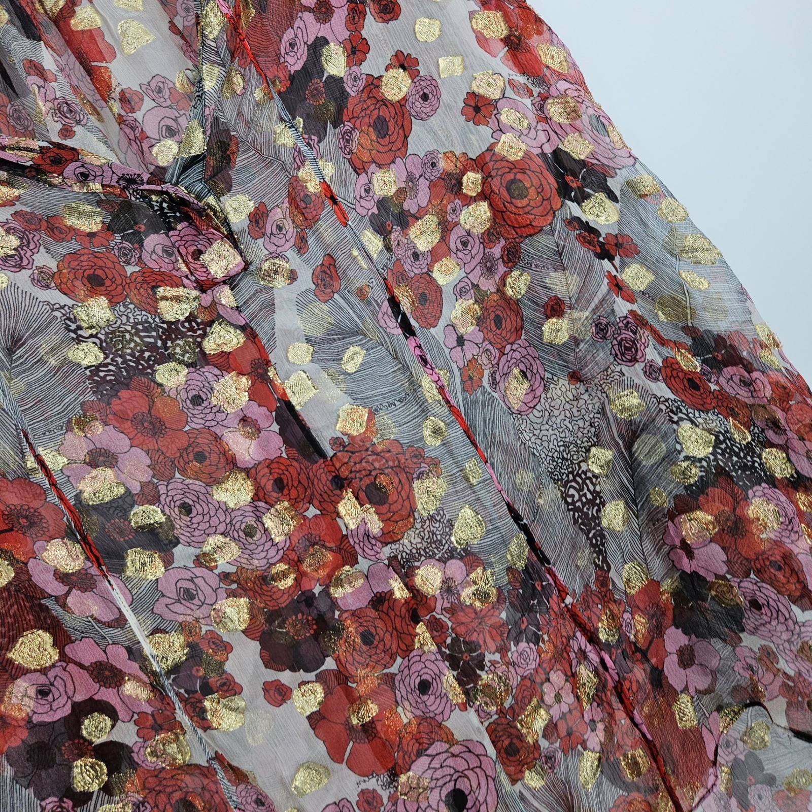 Alexander McQueen Silk Sheer Floral Blouse Maroon Gold Metallic Ruffle Peasant