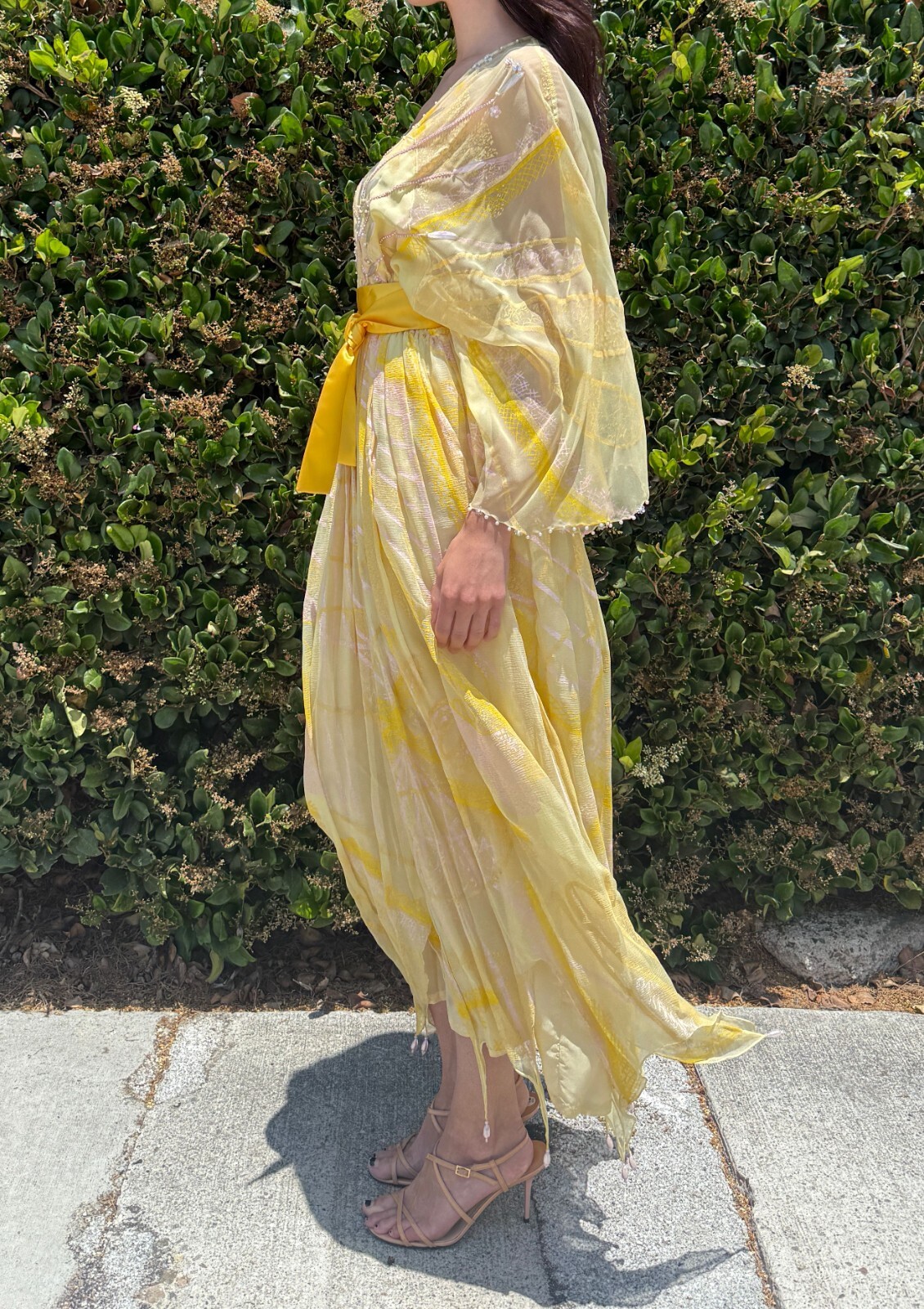 Vintage ZANDRA RHODES Iconic Silk Chiffon Gown 6 Yellow Hand Painted 1970’s Midi