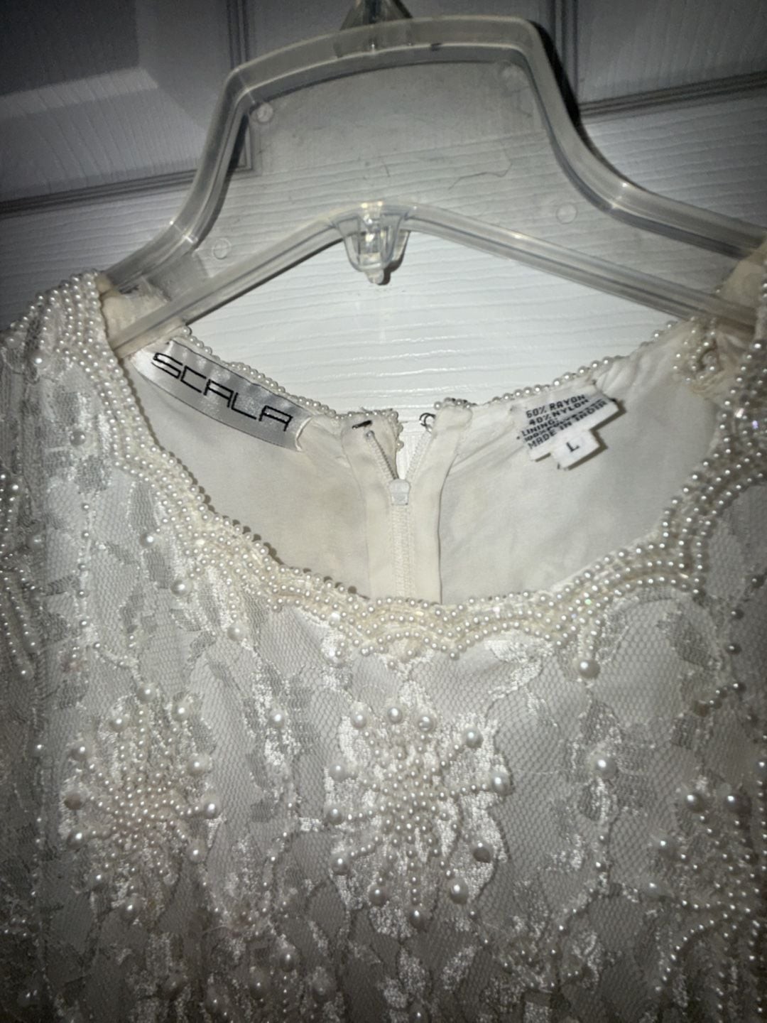 Scala Vintage White Lace Beaded Pearl Maxi Evening Dress