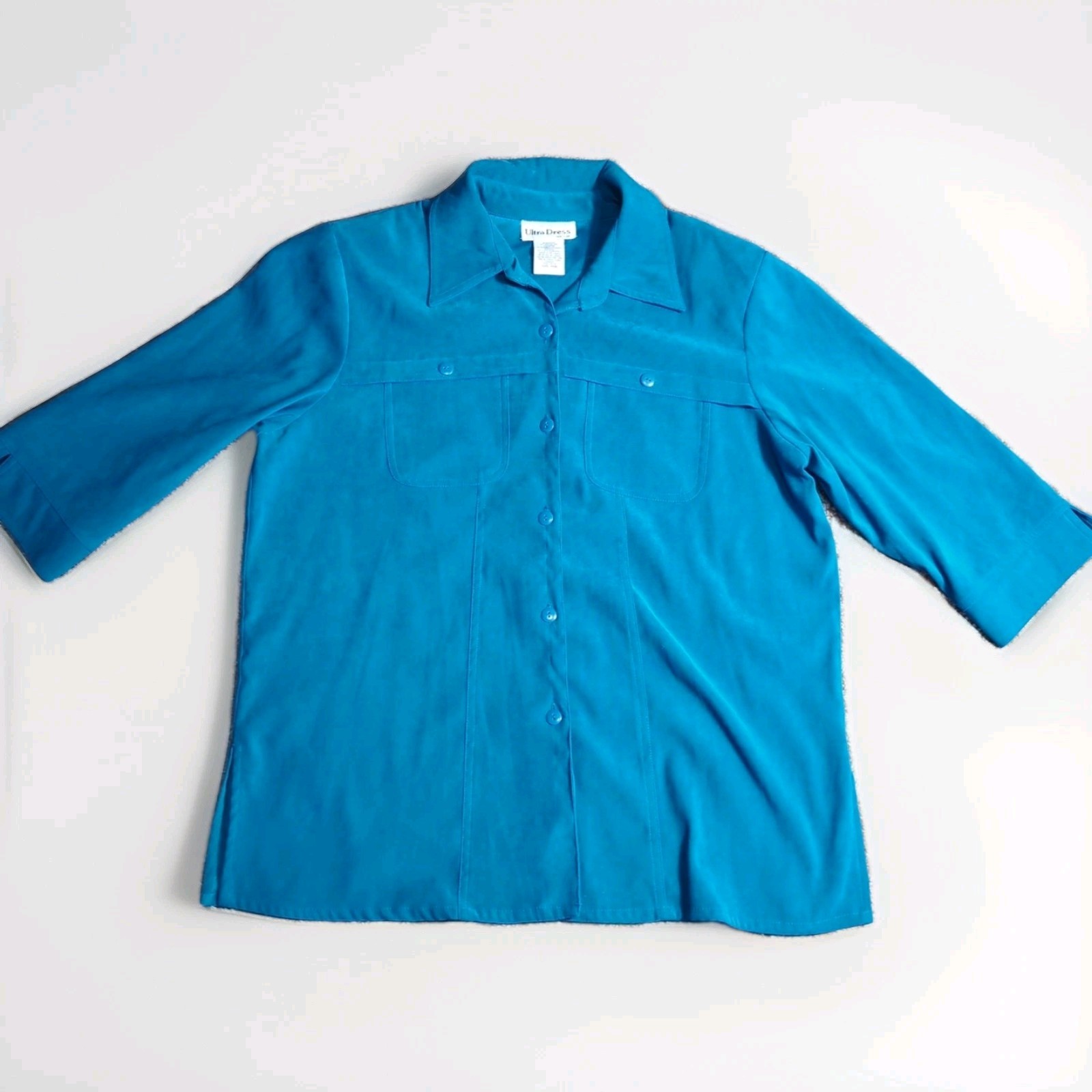 Vtg 80s Ultra Dress Womans 14W Turquoise 3/4 sleeve Button Up Shirt & Pants 392