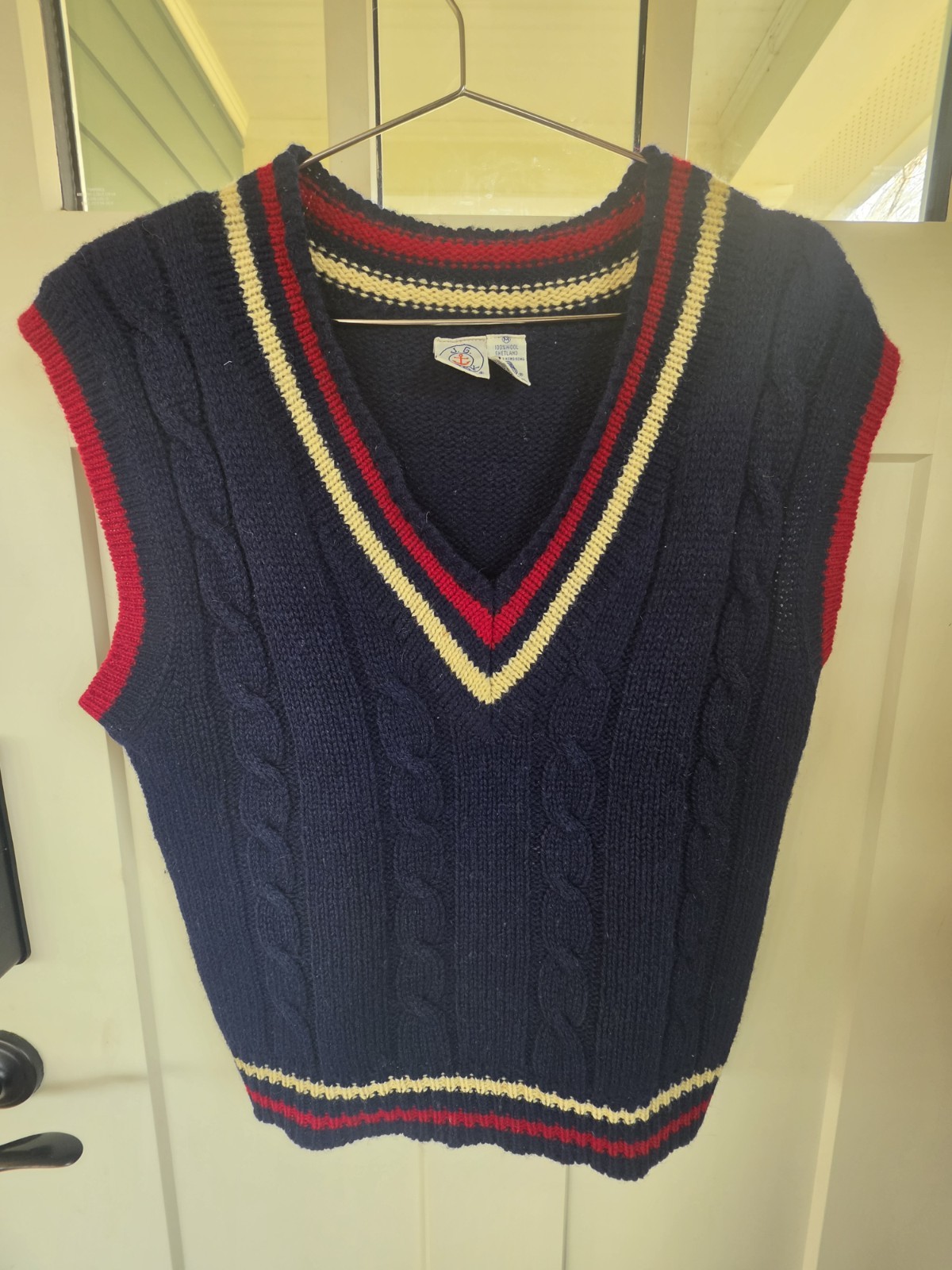 VTG J.G. Hook Sweater Academia Vest Blue Red & White Shetland Wool Womens M