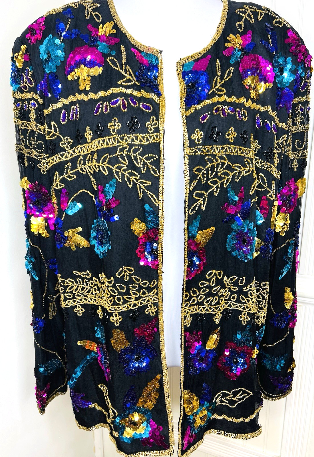 Vtg Drapers & Damons 1X Silk Colorful Sequins Beads Jacket Cardigan Plus Formal