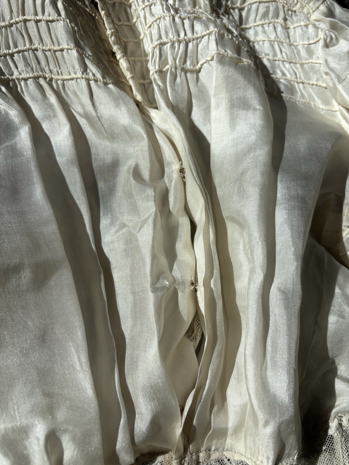 Antique Edwardian Silk Lace Dress Smocked Whitework Pigeon Breast 1900s 1890s
