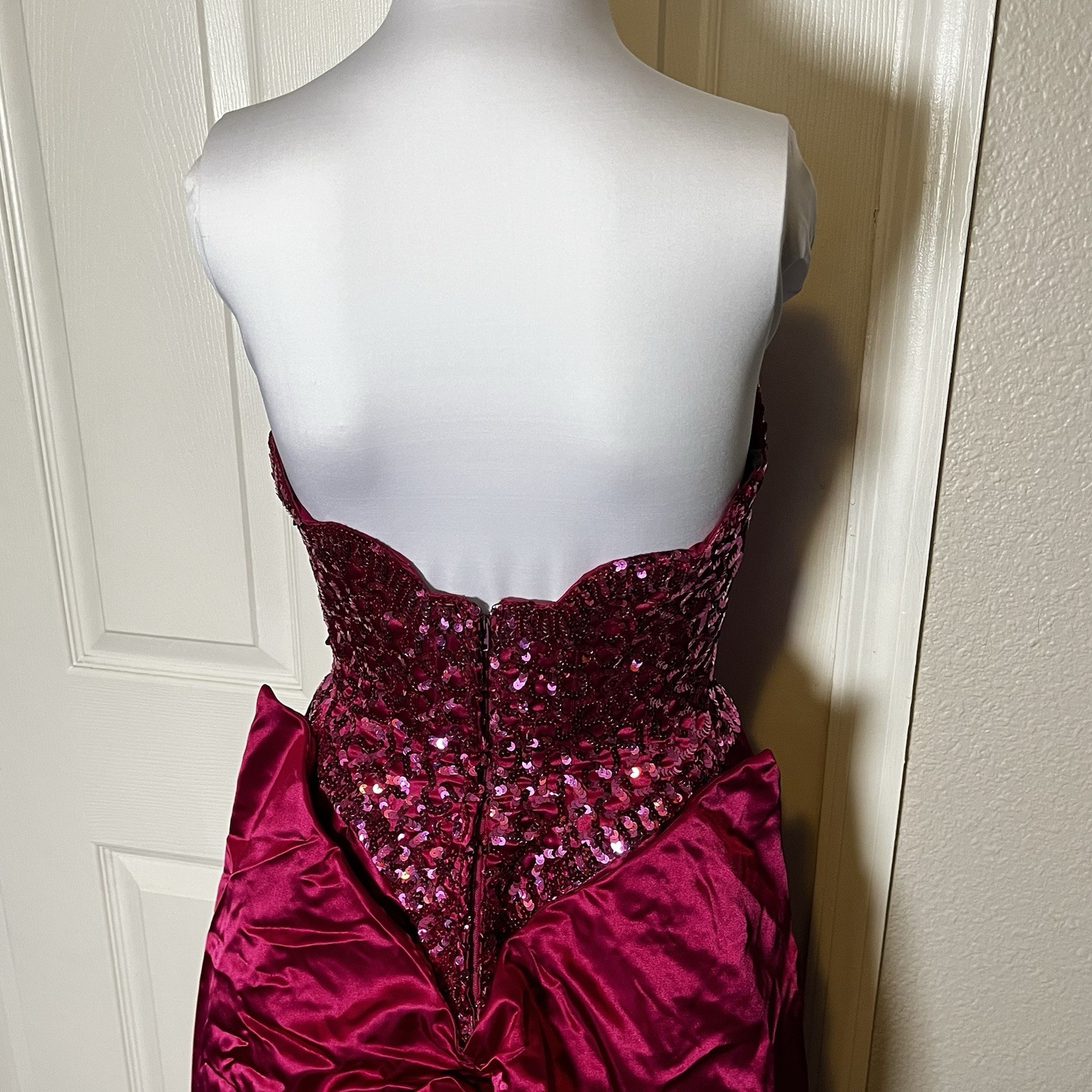 Vintage Mike Benet Satin 60s 70s Hot Pink Prom Formal Dress Sequin Scalloped
