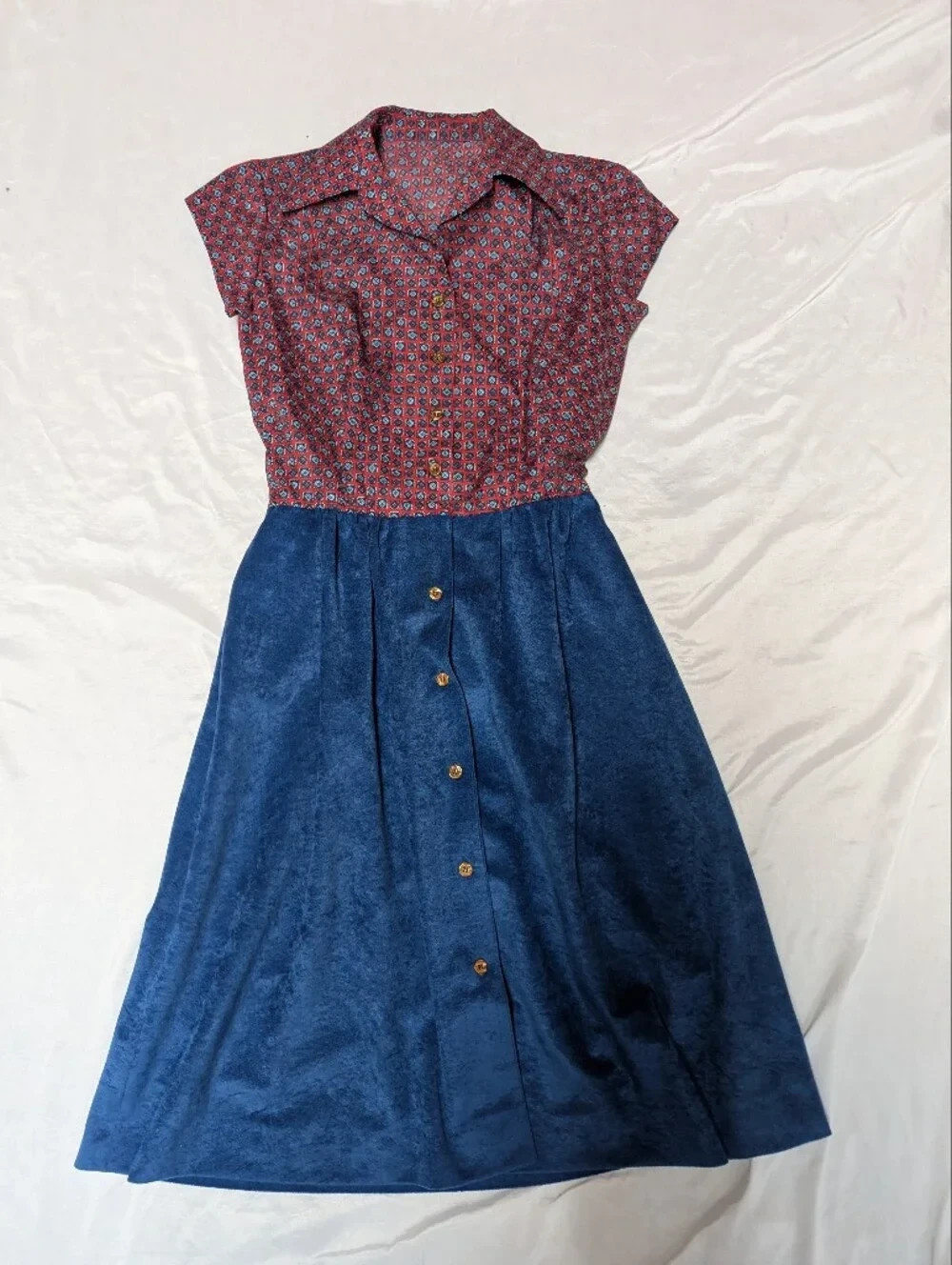 Vintage 70’s Button Front Blue Velour Dress & Jacket Anjac By Marc Needleman
