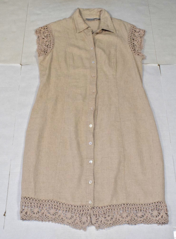 Vintage Dress Newport News Size 12 90s Natural Beige Crochet Trim Linen Rayon