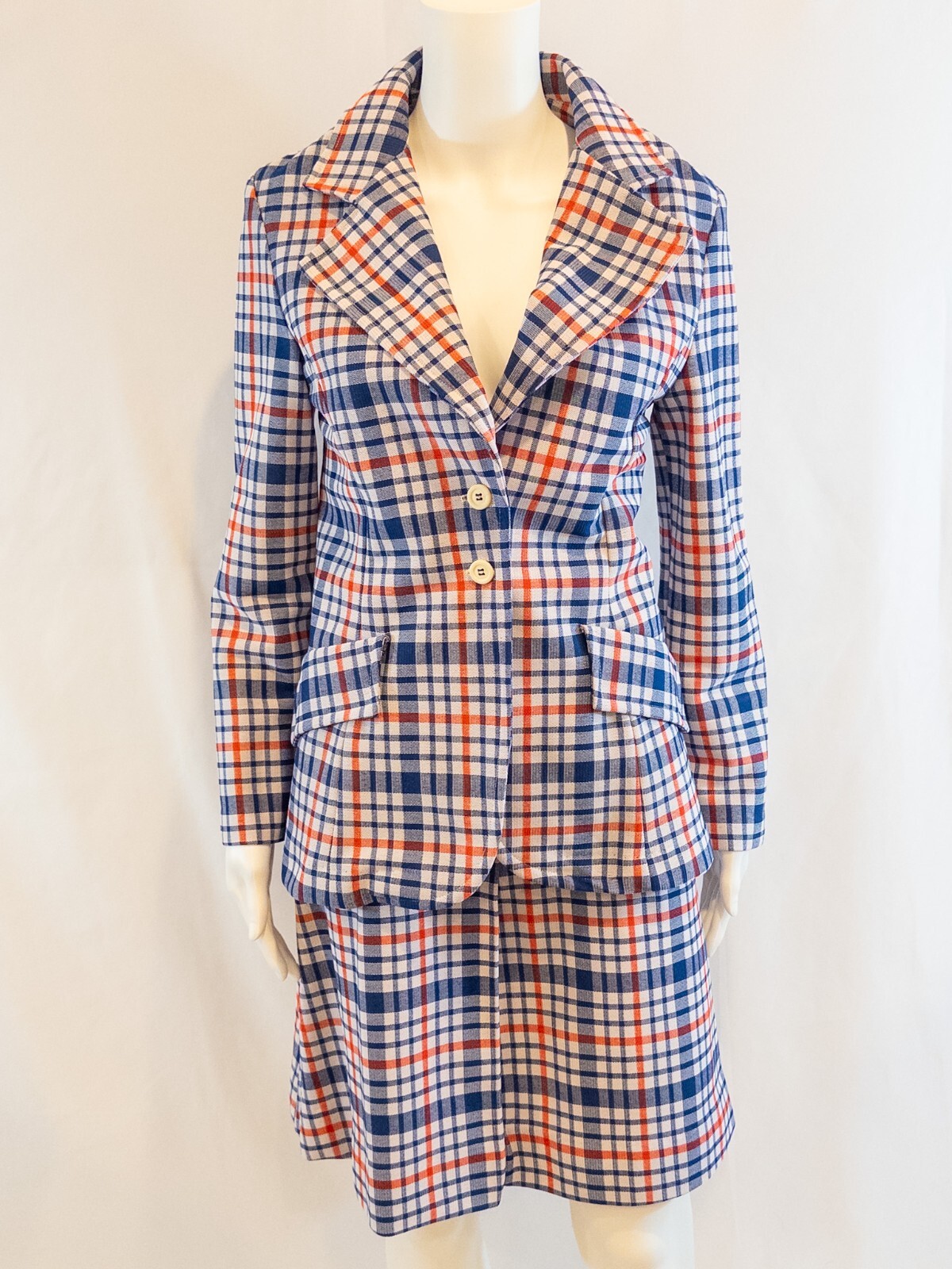 1970s Plaid Double Knit Women’s Skirt Suit by KNIT-INS size 9-10 Red,White,Blue