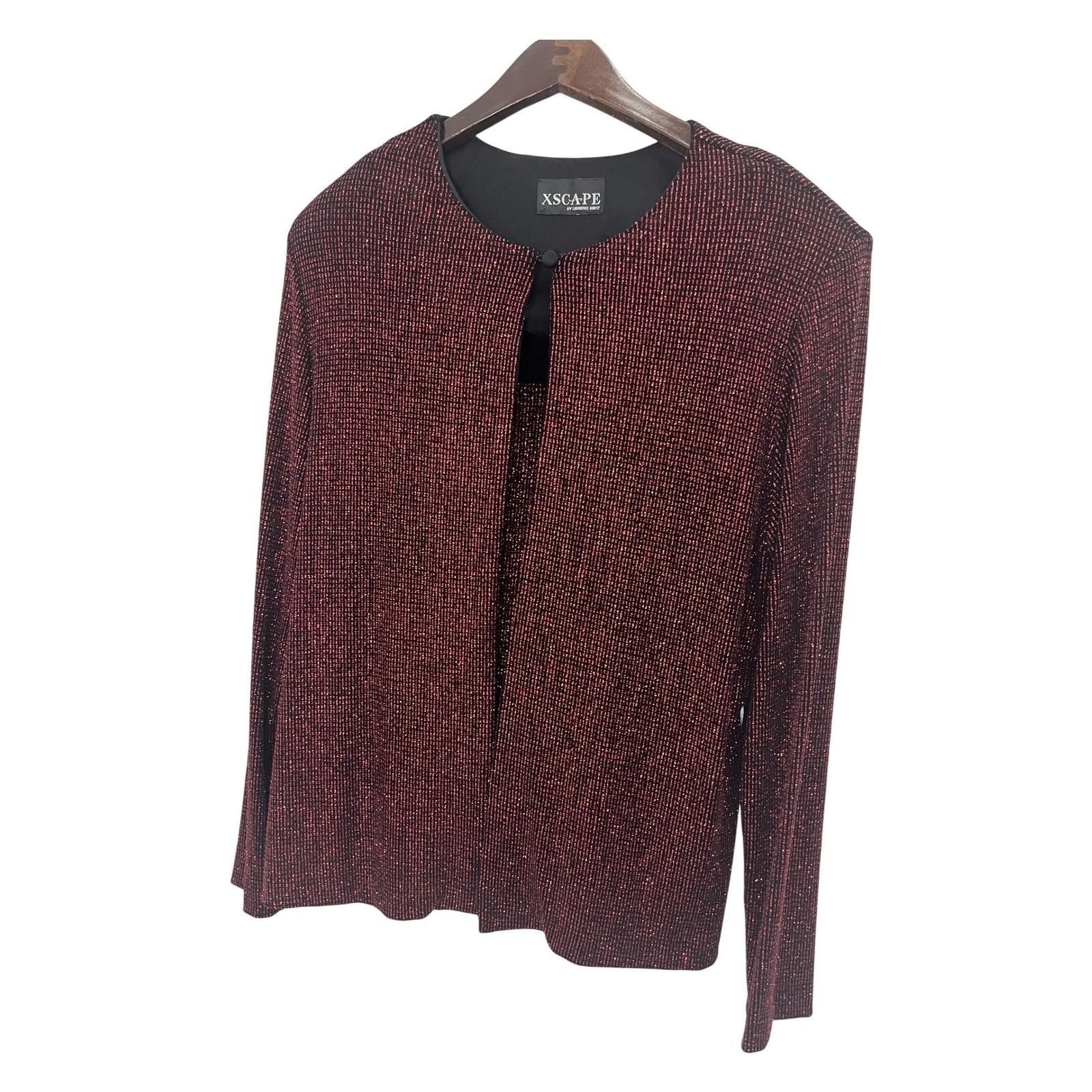 Xscape Twin Set Women Large Red Black Metallic Glitter Knit Cardigan Tank Good