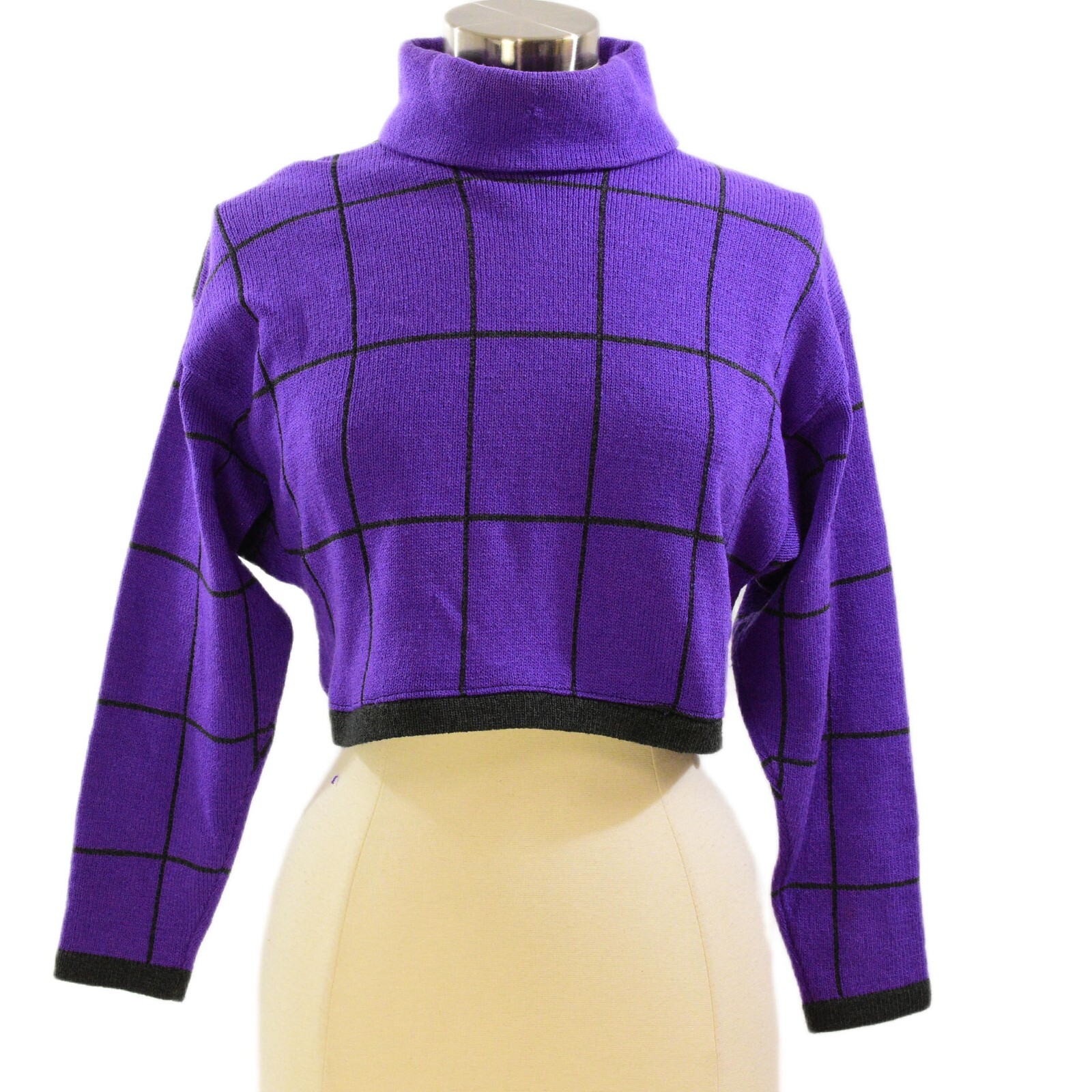 70s Vintage Don Sayres Purple Windowpane Wool Linen Crop Top Womens S Turtleneck