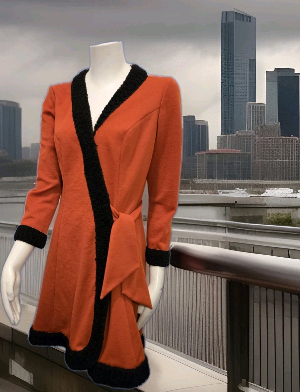 Vtg Alfred Werber 1960S MOD Red Wrap Coat Foxy Red & Black Shearling Accen S/M