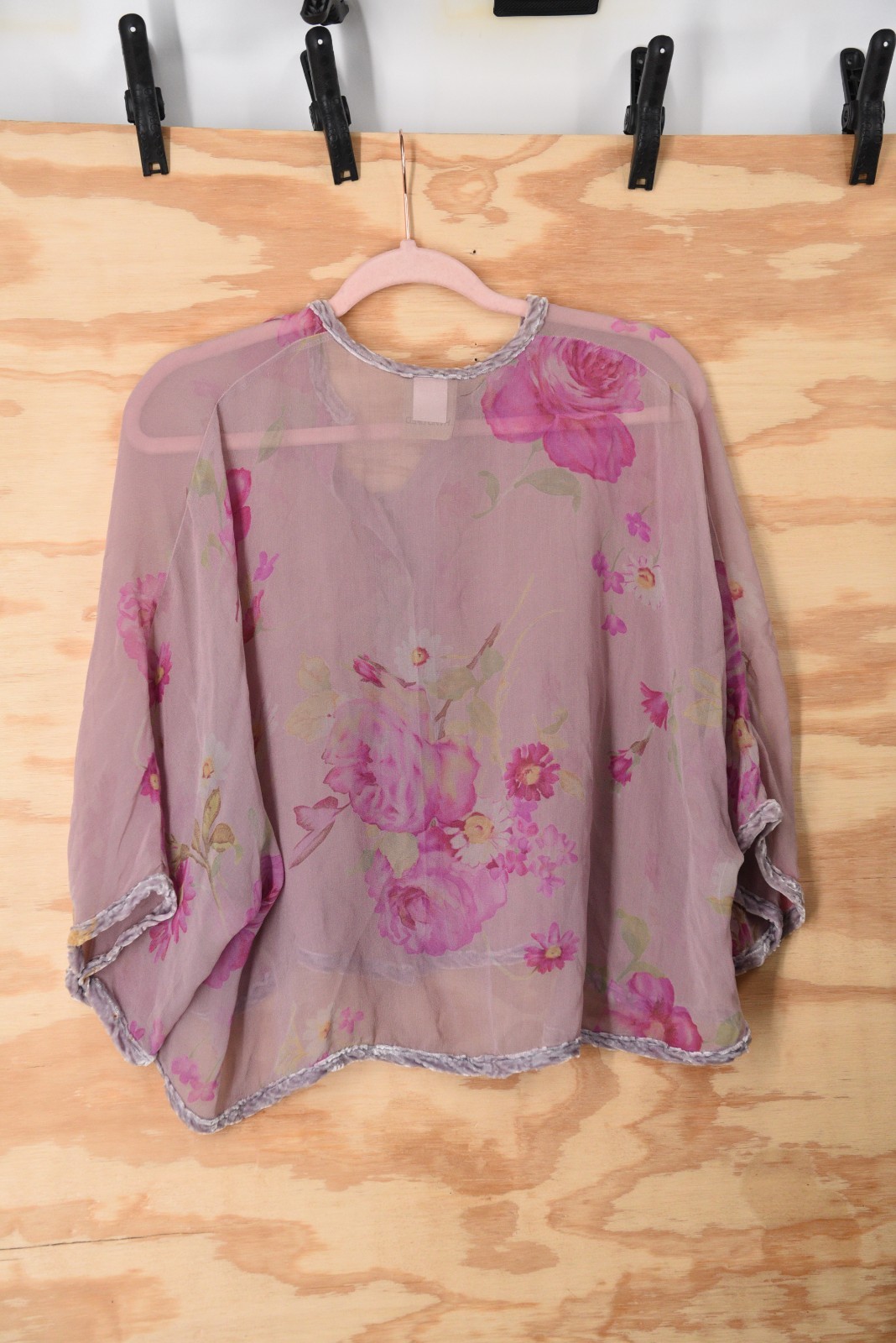 Vintage URU Kristine St Rrik Silk Floral Chiffon Velvet Trim RARE! Button Shirt