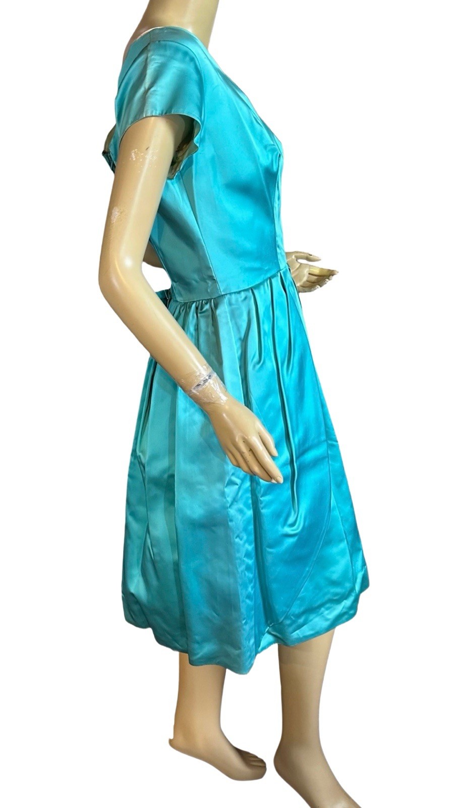 VINTAGE CIRCA 1950’S AQUA BLUE SATIN BUBBLE HEM PARTY DRESS SZ APPX SMALL