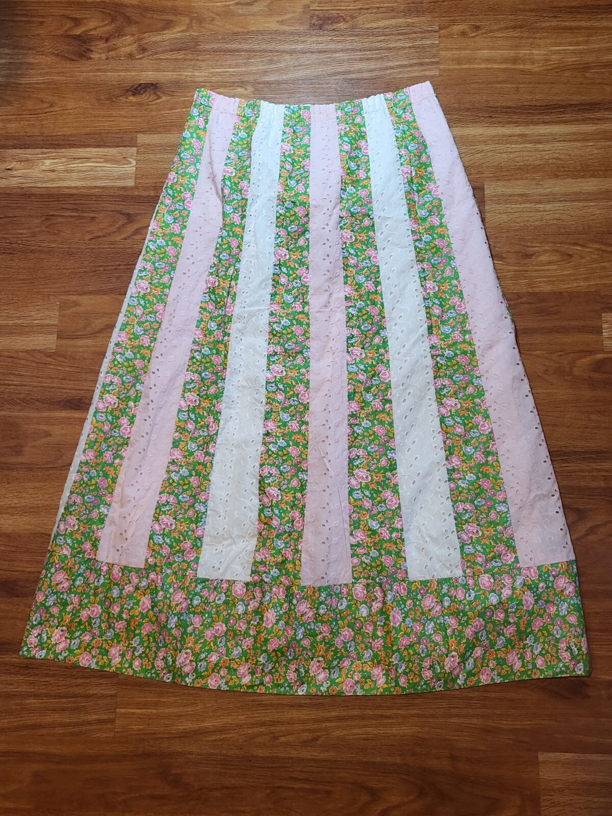 Vtge 1970s Striped Patchwork Lace Eyelet Floral Maxi Skirt Mr Hank