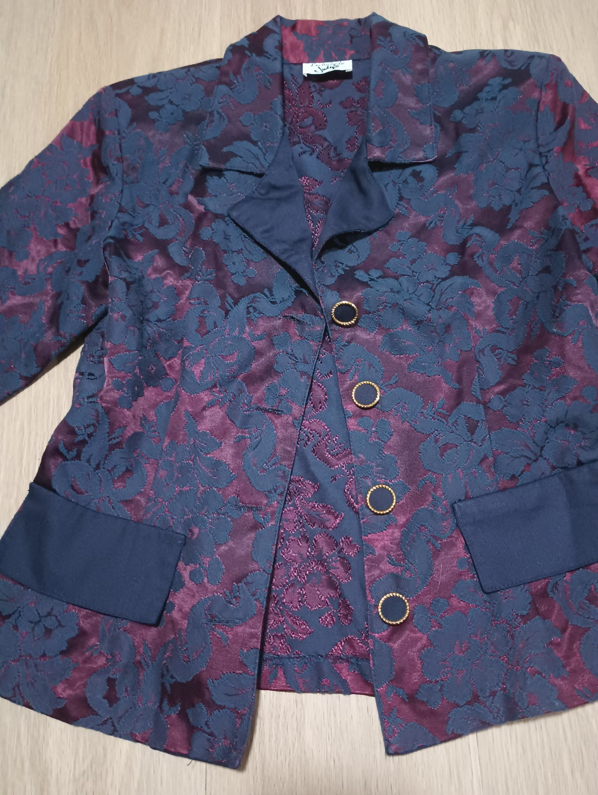 Vtg 80s JUDY’S Burgundy Navy Jacquard Blazer Jacket holiday festive steampunk S