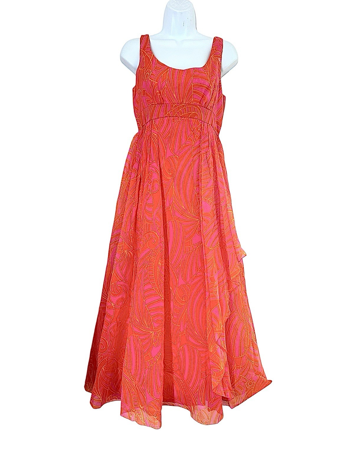 Vintage 60s Pavilion for I. Magnin Bright Pink Orange Patterned Maxi Gown