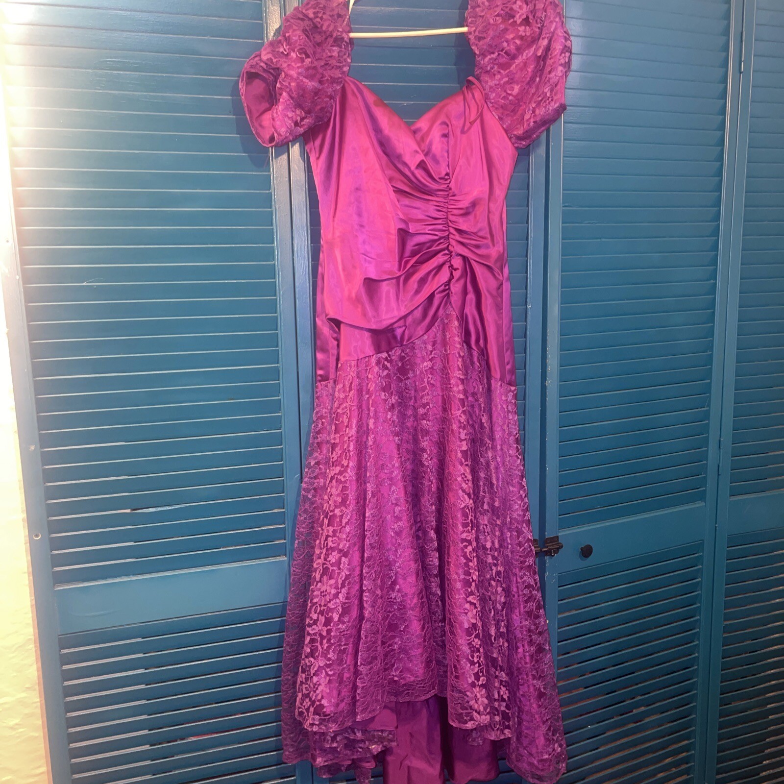 Vintage Purple Union Made Prom Gown Puffed Sleeves Lace Size 7/8 Great Look USA