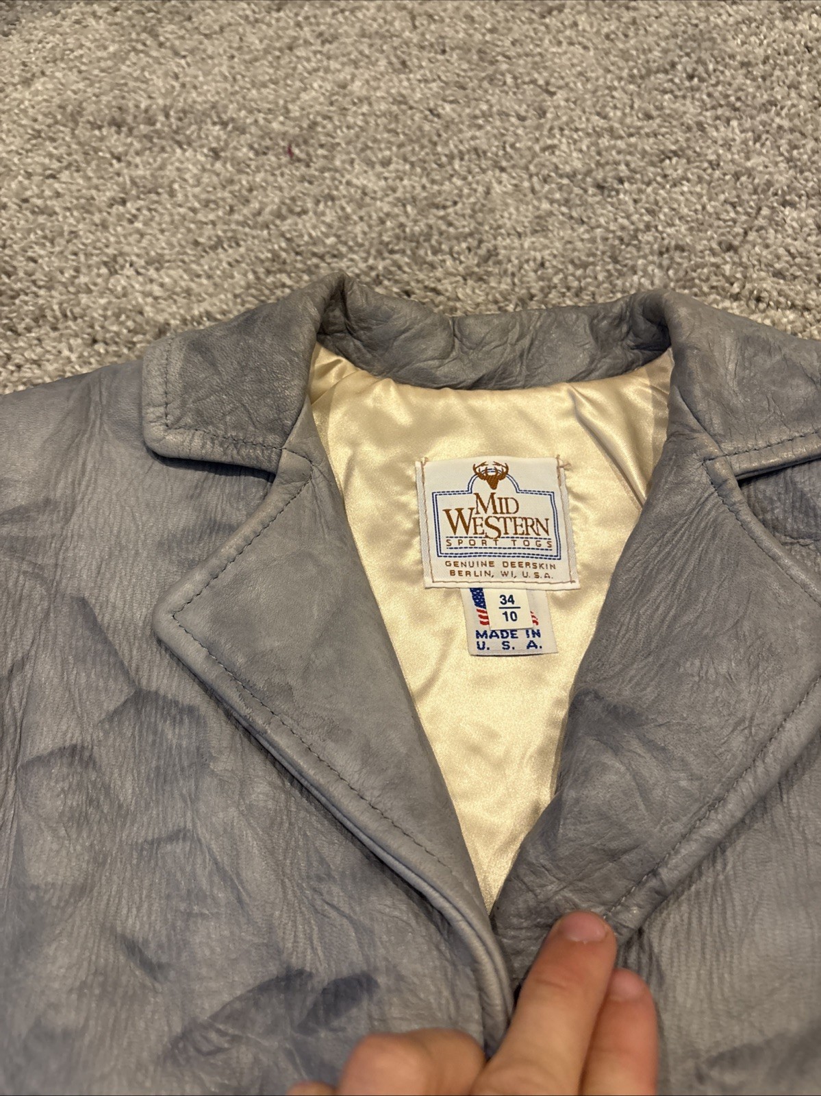 Vintage Midwestern Sport Button Gray Leather Deerskin Jacket Made In USA 34/10