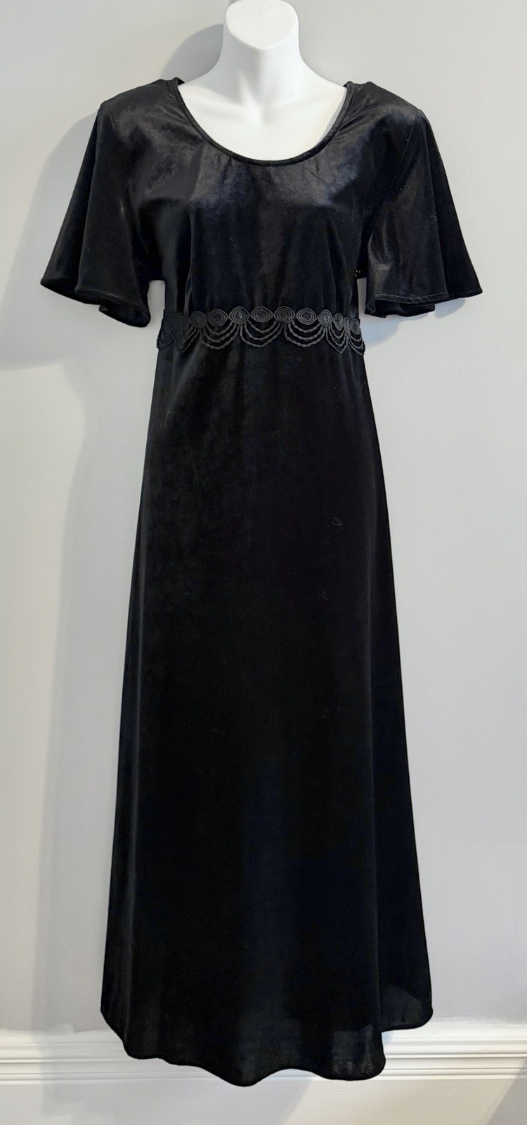 Vtg MOLLY MALLOY Velvet Dress 14 Whimsygoth Black Lace Maxi Grunge Short Sleeve