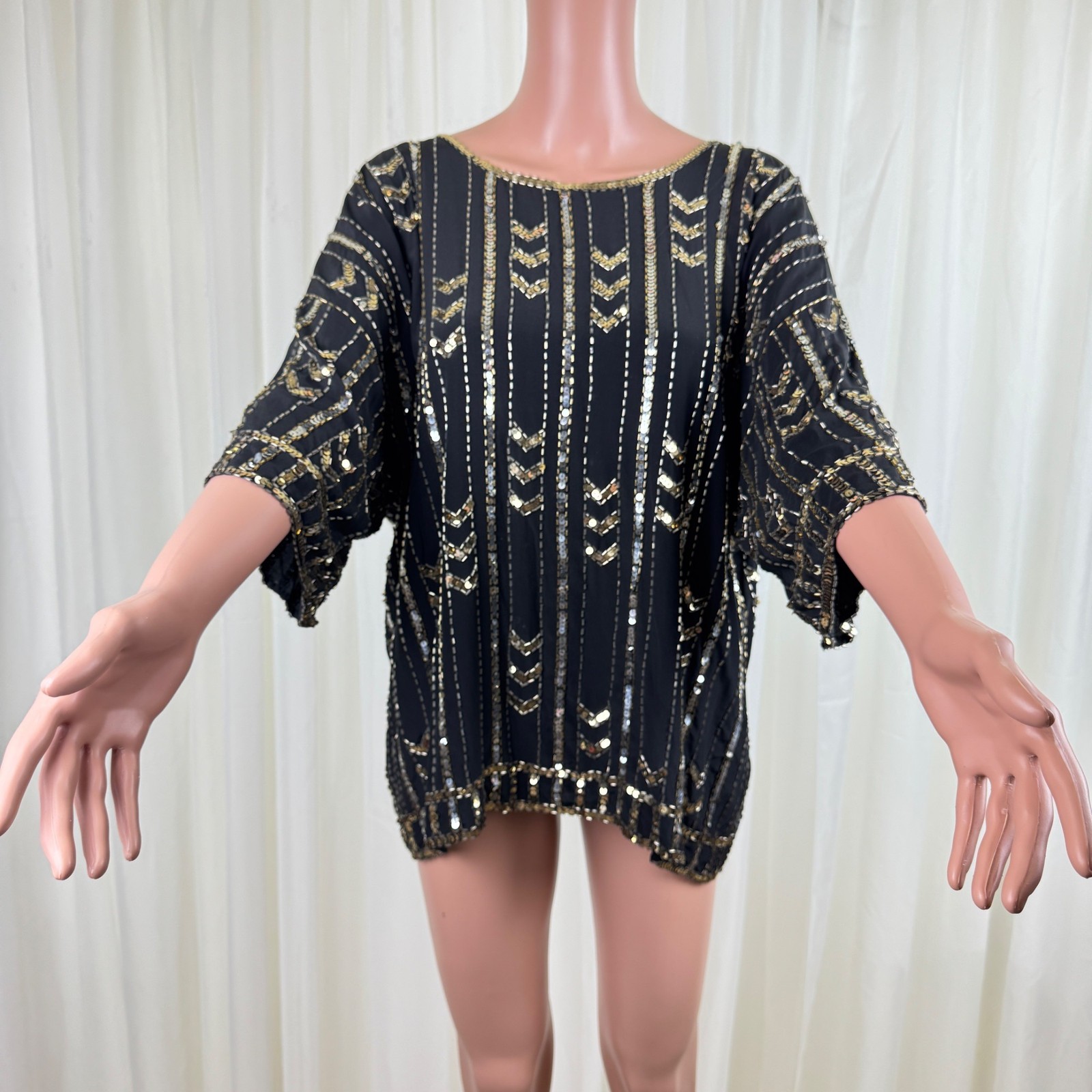 Vintage 80’s Three Flaggs 100% Silk Beaded Sequins Blouse Top Sz Large Black