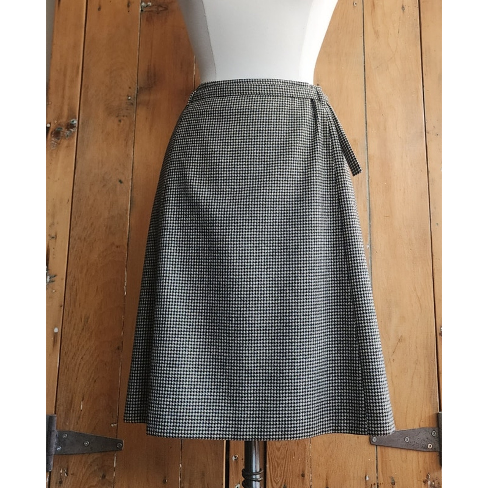 Vintage Dries Van Noten Skirt Gray Houndstooth Wool Knee Length Belt Sash Medium