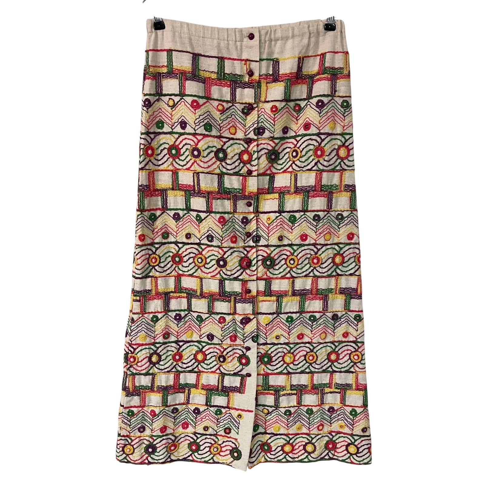 Vtg Chequers Hand Embroidered Button Up Maxi Skirt Boho Maximalist Folklore 29″