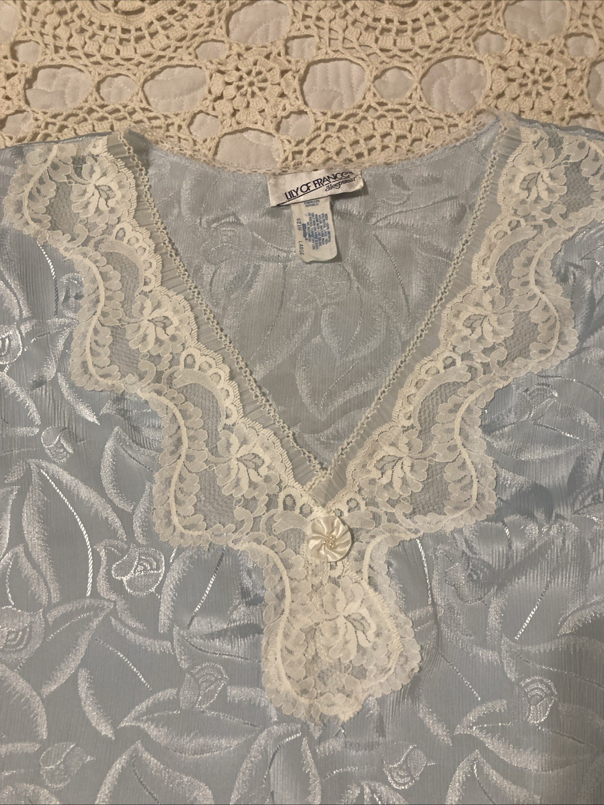 Vintage ~Lily of France~Light Blue Satin & With Cream Lace Nightgown Women’s L