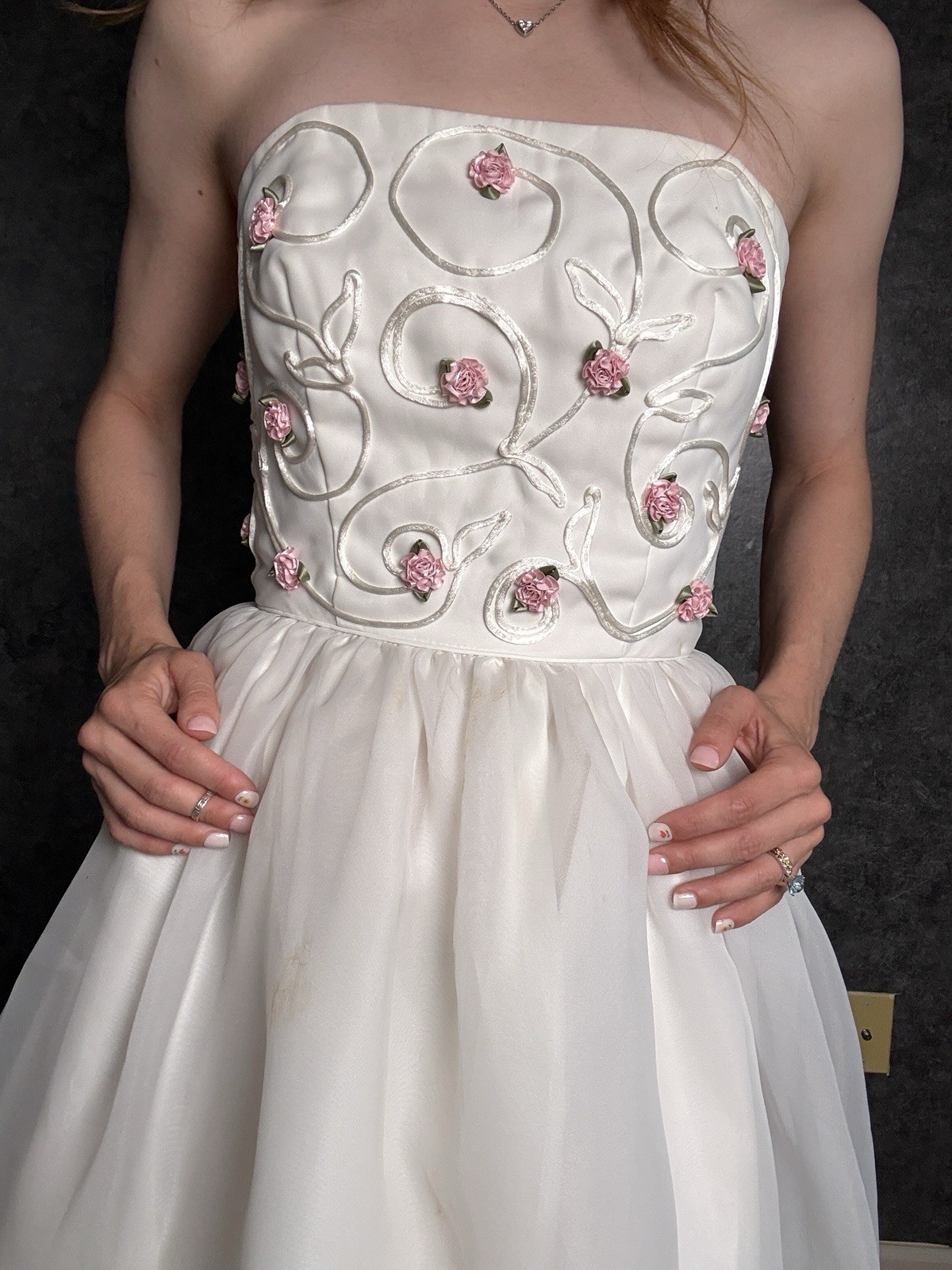 Vintage 1990s Mike Benet Wedding Gown — Fully Restored, Pink Rosebud Detail – 00