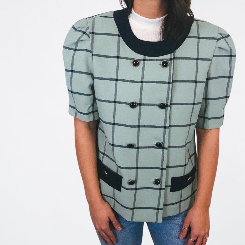 Vintage Good Times Mint Navy Windowpane Plaid Puff Sleeve Blazer Top Size 14