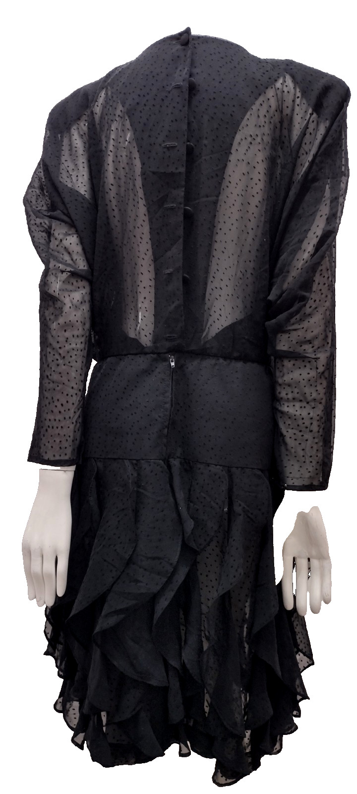 80s Batwing Sheer Chiffon Dress Black Flapper Scallop 80s Dolman Sleeves M/L