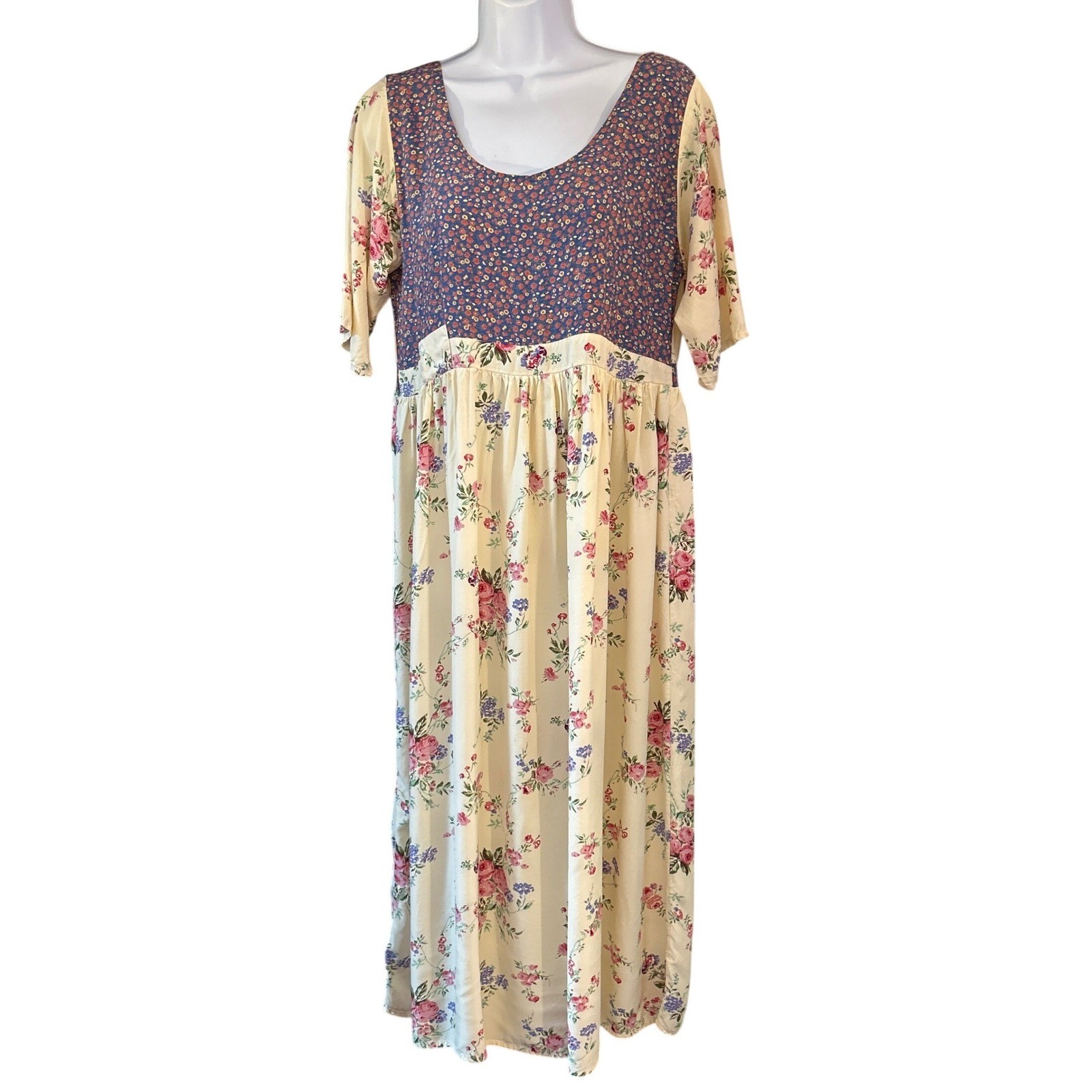 Vintage 90s Dominique Valier Maxi Dress Cottagecore Prairie Boho Floral Shabby