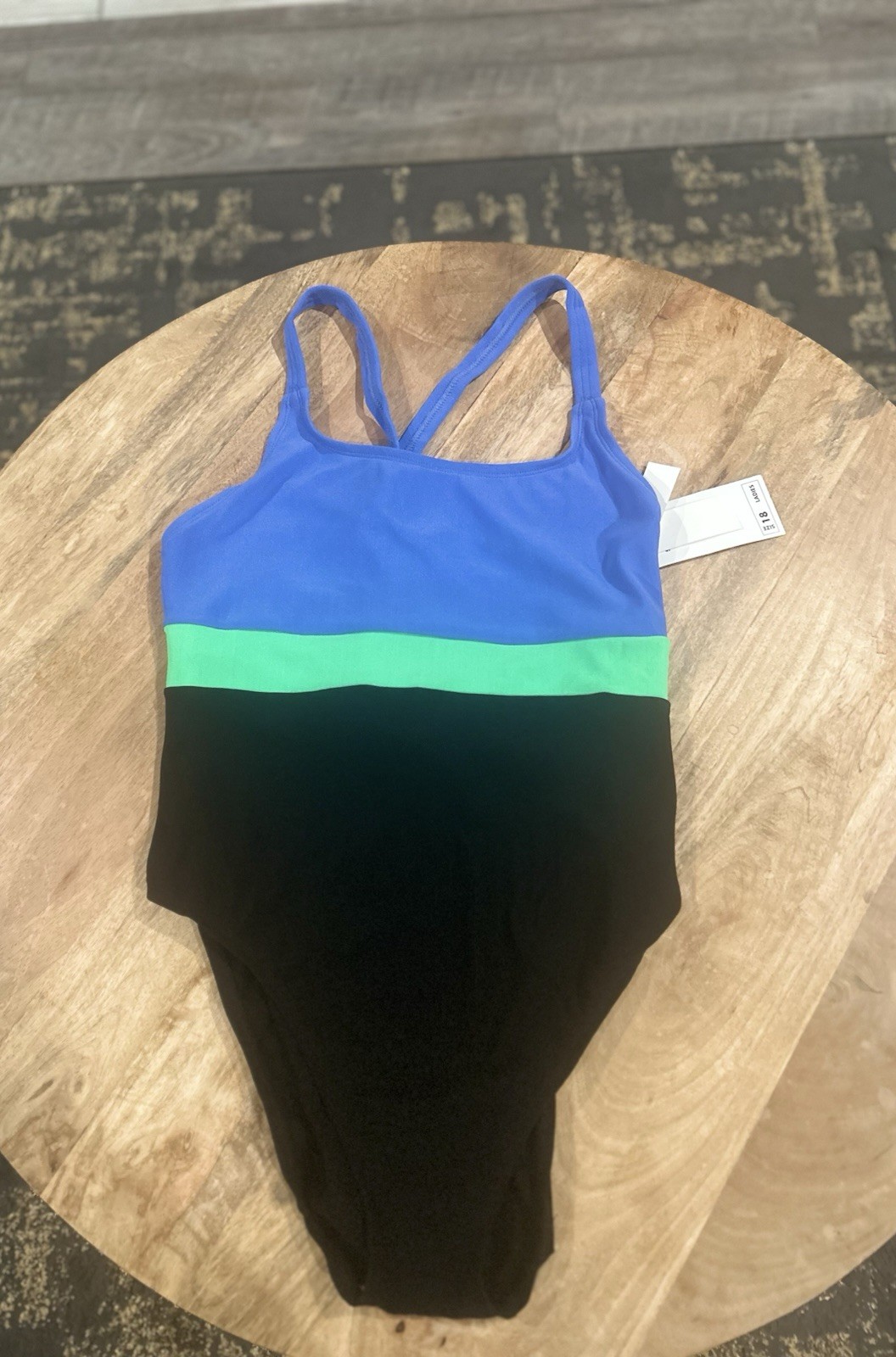 VTG Kmart Basic Editions Neon Green Blue Black Color Block One Pc Swimsuit Sz 16